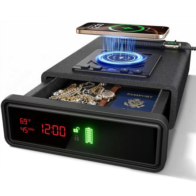 Biometric Fingerprint Gun Safe with Phone & Watch Wireless Charging, 3 Quick Access, Clock Handgun Safe with Adjustable Brightness, Backlit Keypad, Pistol safe for home, office, family