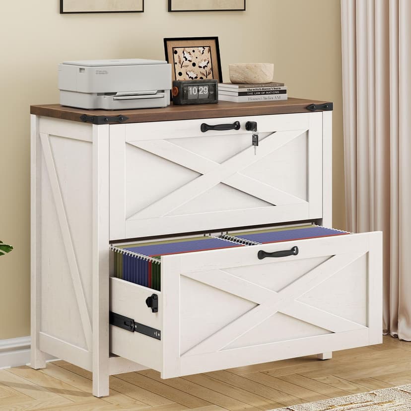Lateral File Cabinet with 2 Large Drawers, Farmhouse File Cabinet with Lock for Letter/Legal/A4 Size Hanging Files, Wood File Storage Cabinets Printer Stand for Home Office Cabinets, White and Brown