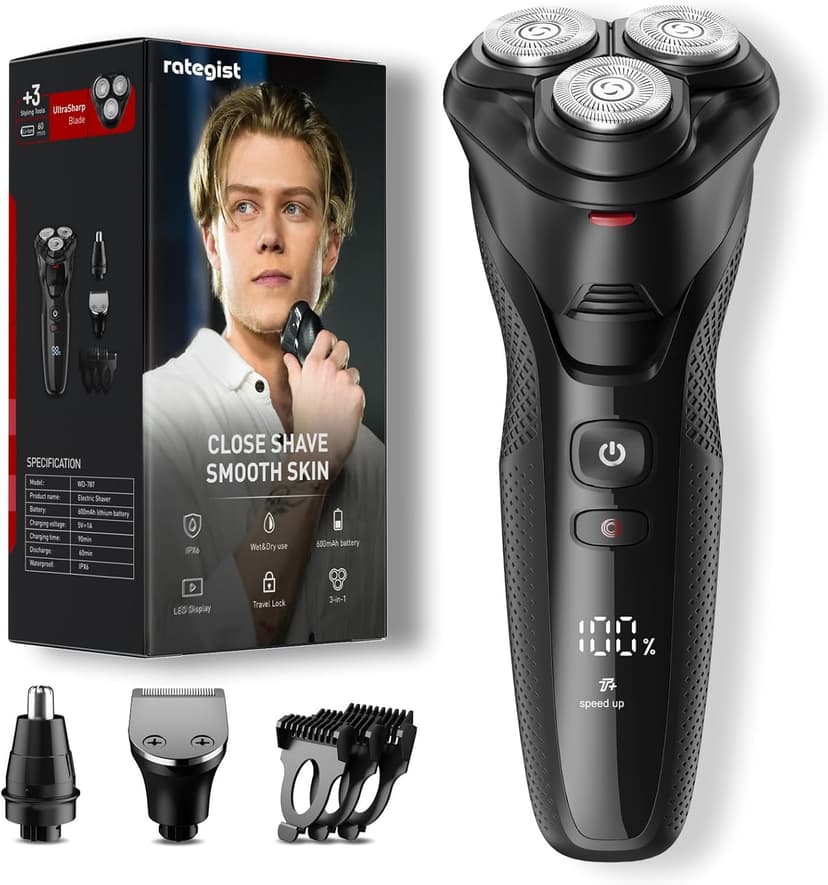 rategist Cordless Electric Razor for Men: 3-in-1 Shaver for Beard/Nose/Sideburns - IPX7 Waterproof Travel Kit - Precision Blades & Turbo Speed, Valentine's Day Gifts
