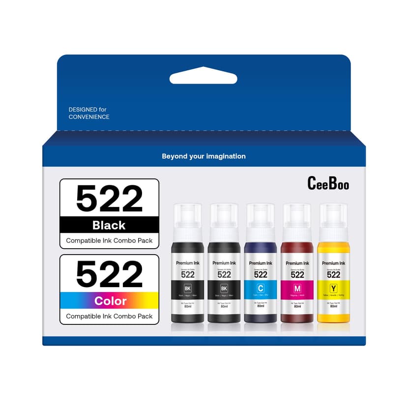 CEEBOO 522 High Capacity (5 Bottles) Refill Ink Bottle Replacement for Epson Compatible 522 Ink Refill Bottles (Not Sublimation Ink) Use for EcoTank ET-2803 ET-2800 ET-2720 ET-4800 Printer