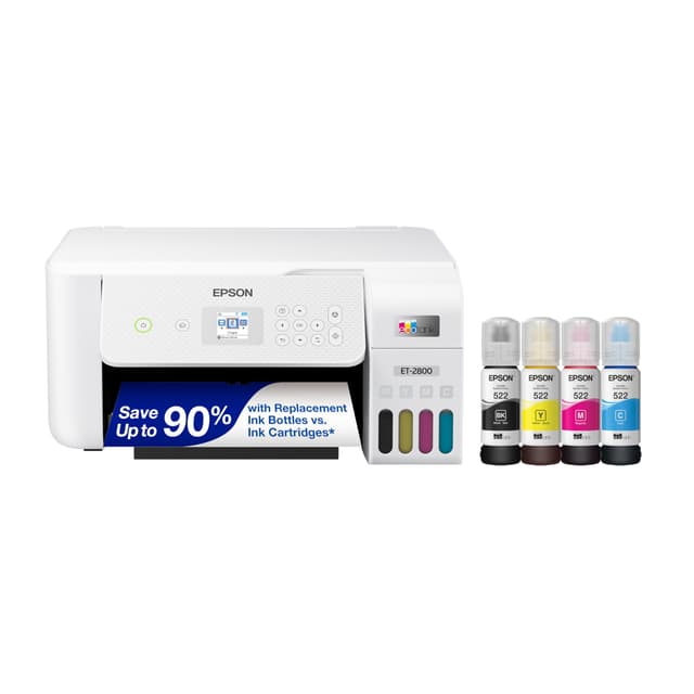 Epson EcoTank ET-2800 Wireless Color All-in-One Cartridge-Free Supertank with Scan and Copy, The Ideal Basic Home Printer - White