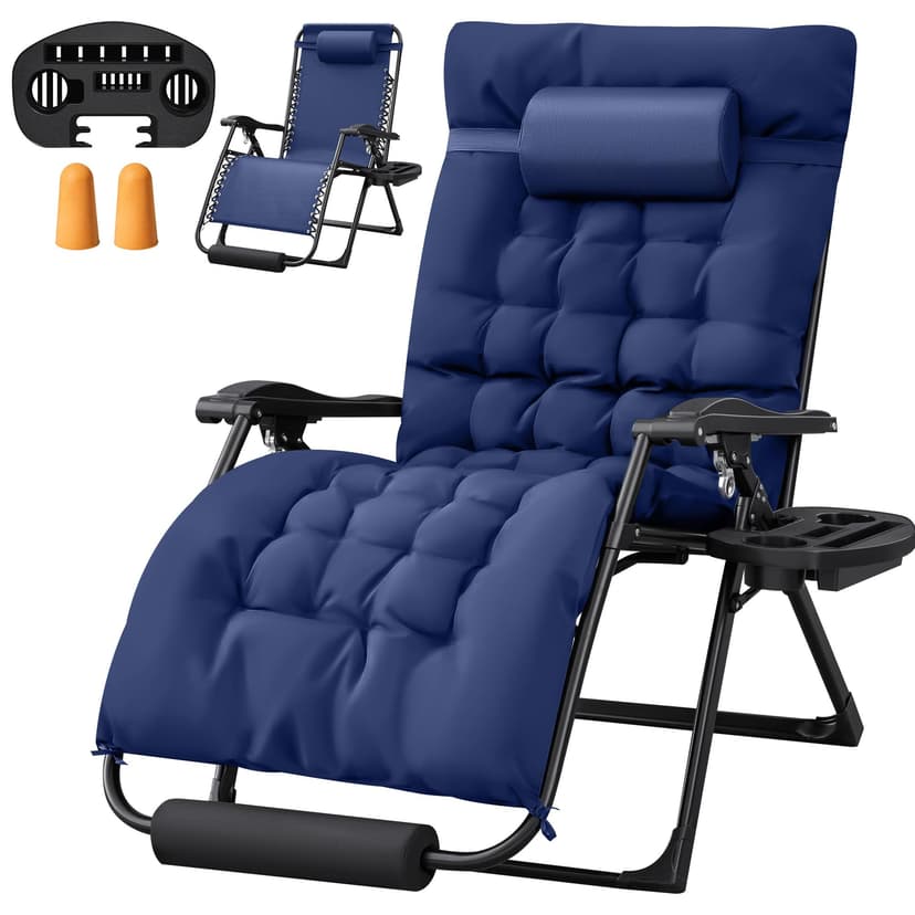 Homall Oversized Zero Gravity Chair, 32In Recliner Lounge Chair with Removable Soft Cushion and Cup Holder, Adjustable Anti Gravity Chair Folding Patio Chairs Padded for Indoor and Outdoor, Blue