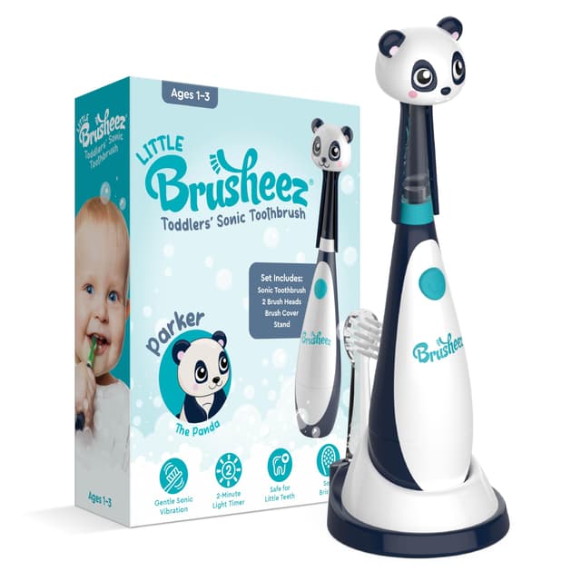 Brusheez Little Toddlers’ Sonic Toothbrush - Safe & Gentle Toothbrush for Ages 1-3 with Built-in, Light-Up 2-Minute Timer, Extra Brush Head, & Storage Base for First-Time Brushers (Parker The Panda)