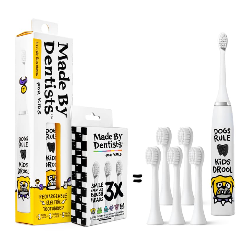 Made by Dentists Kids Electric Toothbrush - Rechargeable Vibrating Toothbrush with Timer, Includes 6 Replacement Heads, Gently Cleans Teeth, Kid & Toddlers Age 2+, (Bulldog)