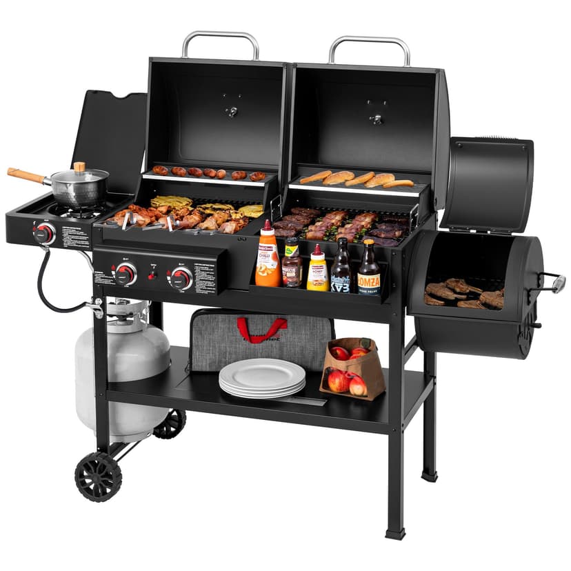 Grills House 2-Burner Gas and Charcoal Grill Combo with Offset Smoker & Side Burner, 34,000 BTU Dual Fuel Grill, 1020 Sq. In. Cooking Area, Ideal for Outdoor Cooking, Black, ZH3005Y-SC
