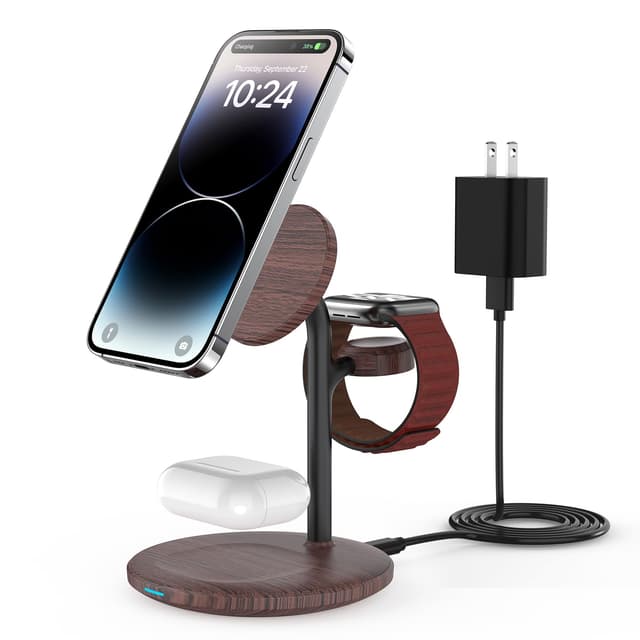 XooFly 3 in 1 Wireless Charging Station for Apple Devices, Fast Wireless Mag-Safe Charger Stand with 20W Adapter for iPhone 17/16 15 14 13 12 Pro Max/Pro/Plus/Air/Mini,iWatch,AirPods,Brown Wood Grain