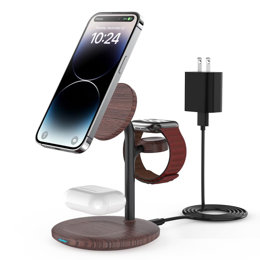 XooFly 3 in 1 Wireless Charging Station for Apple Devices, Fast Wireless Mag-Safe Charger Stand with 20W Adapter for iPhone 17/16 15 14 13 12 Pro Max/Pro/Plus/Air/Mini,iWatch,AirPods,Brown Wood Grain