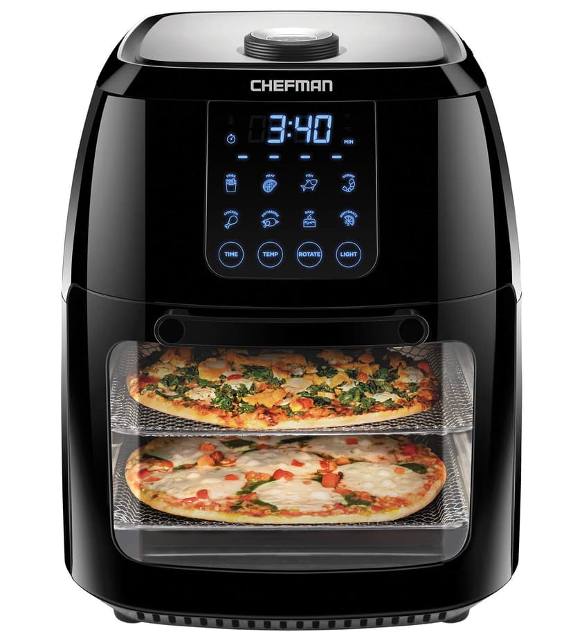 Chefman Compact 6.3-Qt 4-In-1 Digital Air Fryer+, Rotisserie, Dehydrator, Convection Oven, XL Family Size, 8 Touch Screen Presets, BPA-Free, Auto Shutoff, Accessories Included, Black