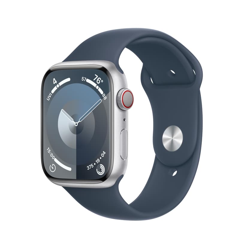 Apple Watch Series 9 [GPS + Cellular 45mm] Silver Aluminum Case with Storm Blue Sport Band S/M (Renewed)
