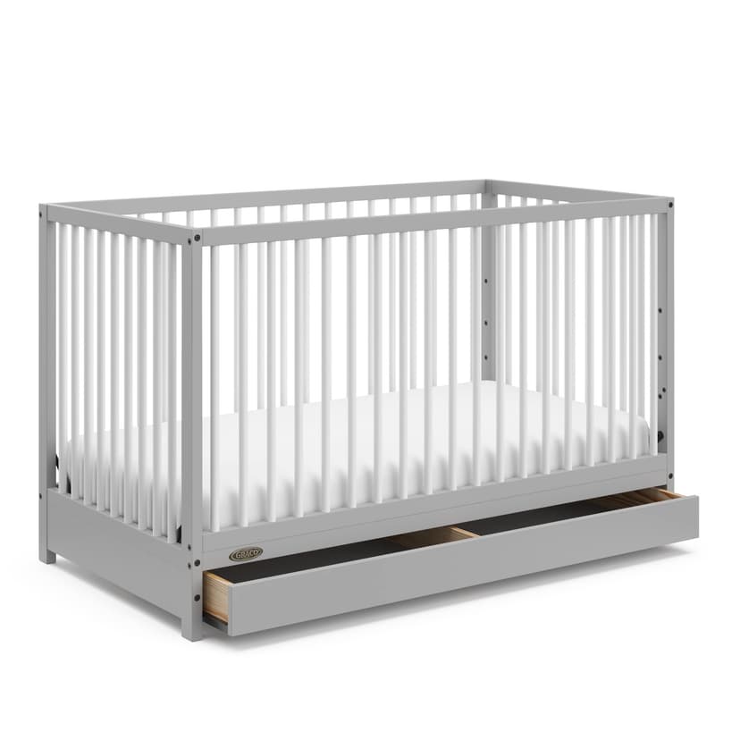 Graco Teddi 5-in-1 Convertible Crib with Drawer (Pebble Gray with White) – GREENGUARD Gold Certified, Crib with Drawer Combo, Full-Size Nursery Storage Drawer, Converts to Toddler Bed