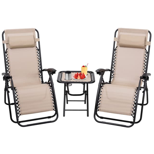 S AFSTAR Zero Gravity Chairs Set of 2, 3 PCS Folding Zero Gravity Lawn Chair Set with Side Table Cup Holders & Adjustable Headrest, Reclining Patio Chairs, Zero Gravity Lounger for Patio Poolside