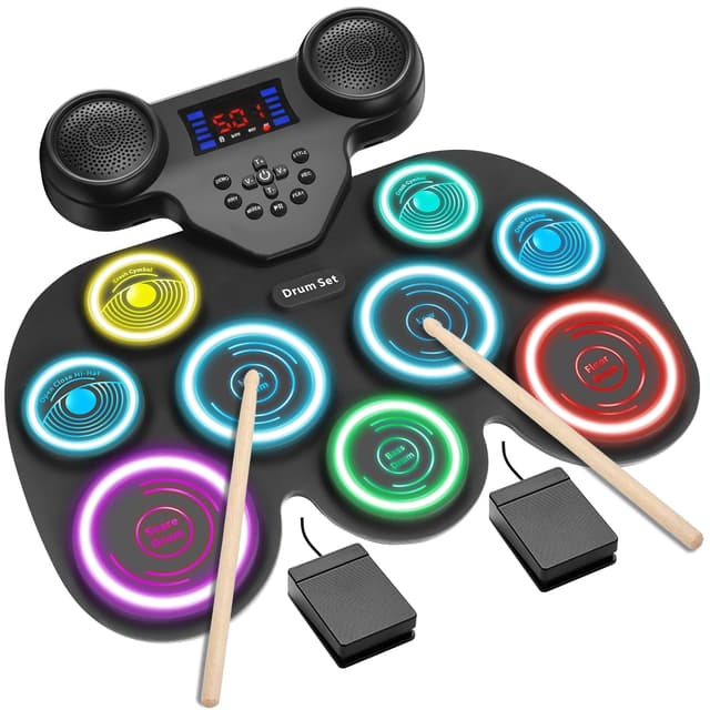 Electric Drum Set with 7-Color Dynamic LED Lights, 9-Pad Electronic Drum Set with Dual Speakers, Bluetooth MIDI, Portable Practice Drum Pad for Kids & Adult Beginners, Christmas Birthday Gift