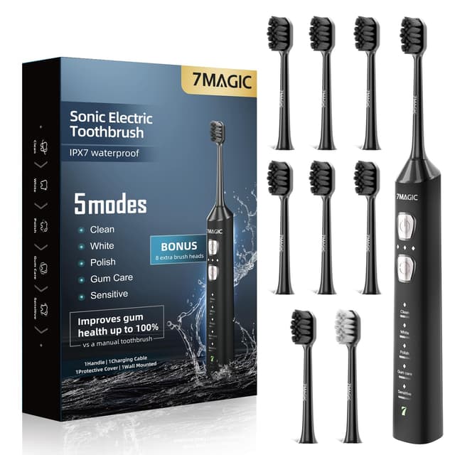 7MAGIC Sonic Electric Toothbrush for Adults and Kids - Up to 180 Days Runtime, 42000 VPM Powered Toothbrush, 5 Modes & 3 Intensities for Sensitive Teeth & Braces, Includes 8 Brush Heads, Black