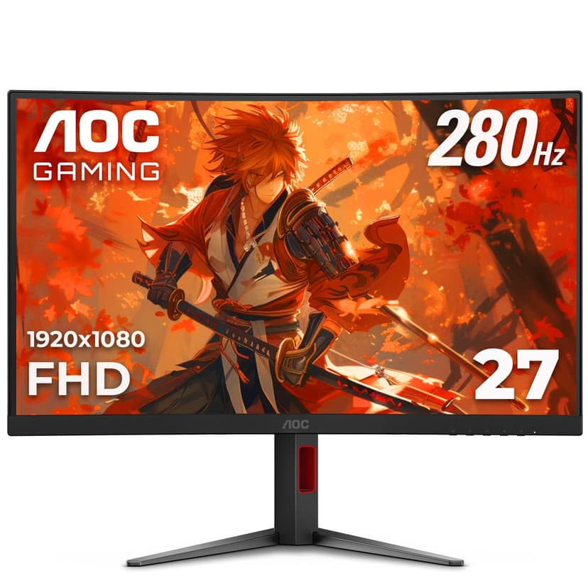 AOC C27G4ZH 27" Curved Frameless Ultra-Fast Gaming Monitor, FHD 1080p, 0.3ms HDMI 240Hz/DP 280Hz, 1500R, AMD FreeSync, HDR, Height Adjustable, 3-Year Zero Dead Pixel Guarantee