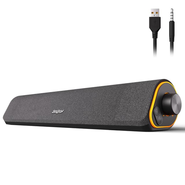 SOULION R50 Bluetooth Computer Speakers, 3.5mm PC Sound Bar for Desktop Monitor, Wired USB Powered & Colorful LED Lights with Switch Button, Surround Sound Soundbar PC Spearkers for Computer