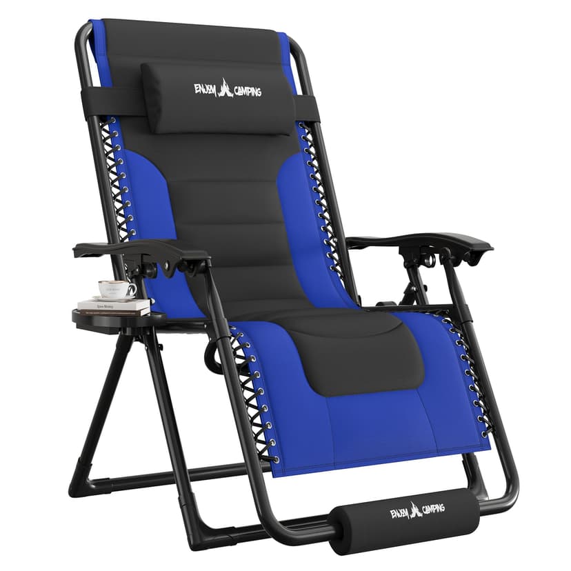 UDPATIO Oversized Zero Gravity Chair, Outdoor Full Padded Recliner, Patio Folding Adjustable Reclining Seat with Cup Holder, Footrest & Headrest for Camping Indoor, 500LBS Support,Black/Blue,29in