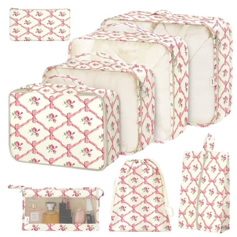 8 Set Packing Cubes for Suitcases,Packing Cube with Shoe, Cosmetics, Clothing, and Accessories Bags Packing Cubes for Travel Luggage Organizer Women Men(Bow Flowers)