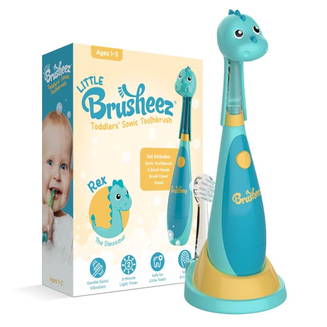 Brusheez Little Toddlers’ Sonic Toothbrush - Safe & Gentle Toothbrush for Ages 1-3 with Built-in, Light-Up 2-Minute Timer, Extra Brush Head, & Storage Base for First-Time Brushers (Rex The Dinosaur)