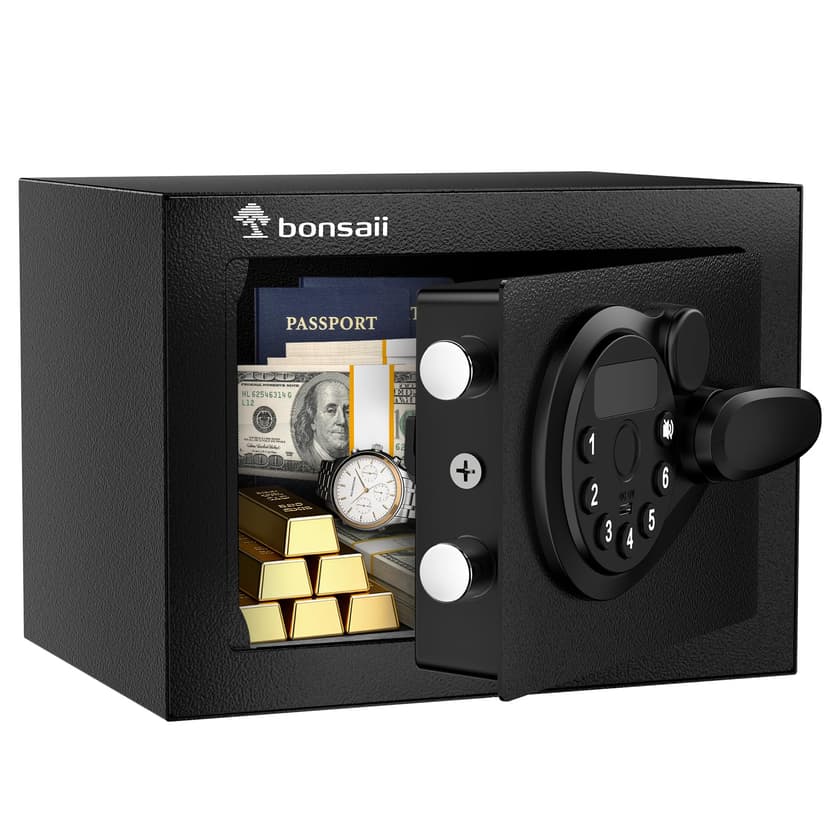 Bonsaii Safe Box with Electronic Keypad, Steel Security Lock Box with Key, 0.23 Cubic Feet, 9.06" W x 6.69" D x 6.69" H, Small Hidden Safe for Cash Jewelry