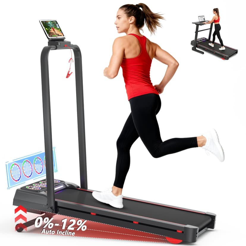 Joxir Walking Pad Treadmill with 12% 12-Level Auto Incline and Handle Bar, 7.5MPH 450 lbs Capacity Under Desk Treadmills for Home, Portable Treadmill with Incline, Remote Control, RGB LED Screen