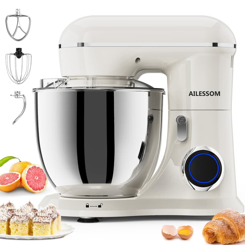 SAMSAIMO 3-IN-1 Electric Stand Mixer, 660W 10-Speed With Pulse Button, Attachments include 6.5QT Bowl, Dough Hook, Beater, Whisk for Most Home Cooks (Almond Cream, 5.5QT)