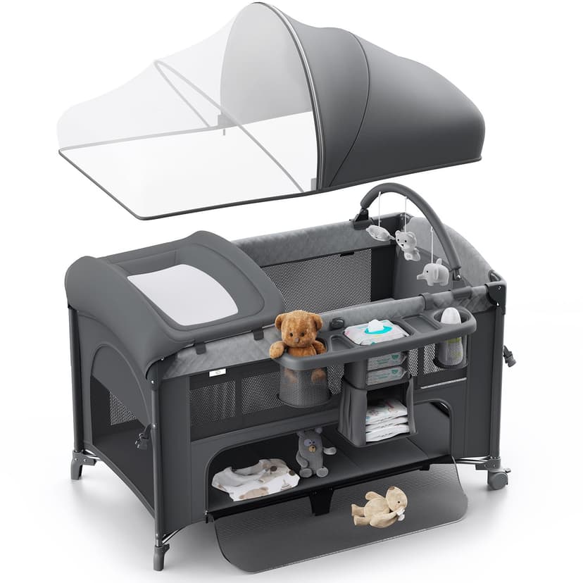 Obee Odee 4 in 1 Baby Bassinet, Pack and Play, Bedside Crib Sleeper, Diaper Changer - Comes with Mattress, Mosquito Net, Bottom Storage and Toy Bar for Newborn to Toddles