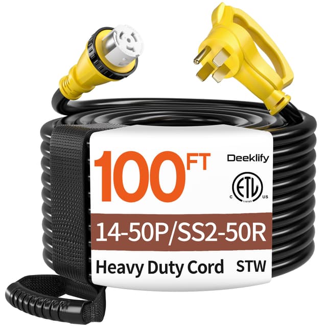 100FT 40 Amp Generator Cord, NEMA 14-50P/SS2-50R Heavy-Duty 4 Conductors Cable, Pure Copper STW RV Extension Cord, Female Plug with Twist Lock, Suitable for RV or Camper, ETL Listed