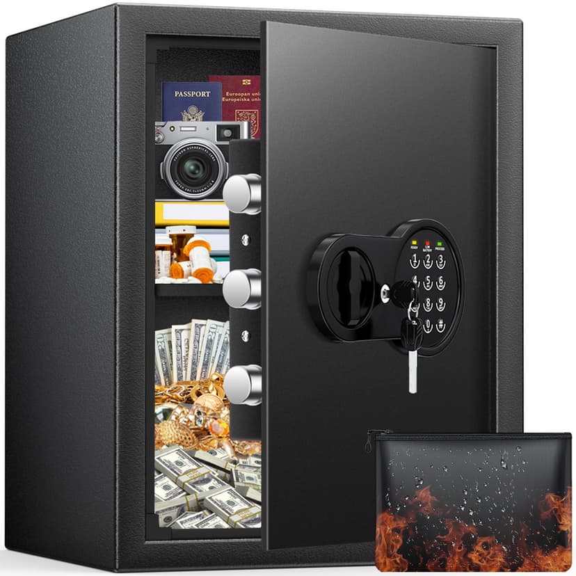 Mitlvge 17.55'' Tall Fireproof Safe Box, 3.2 Cuft Home Safe with Keys & Pass Code & Wall Mount Kits, Money Safe with Smart Alert System, Removable Shelf, Mute Function and Fireproof Waterproof Bag