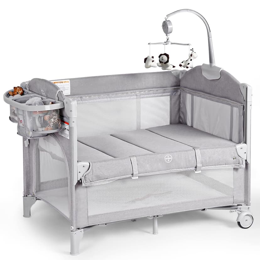 Rinnebbit Baby Bassinets Bedside Sleeper, 4 in 1 Portable Bedside Crib w/Mattress, Diaper Changer, Storage Basket, Music Box, Carry Bag, Foldable Playard Sleeper for Newborn (Light Gray)
