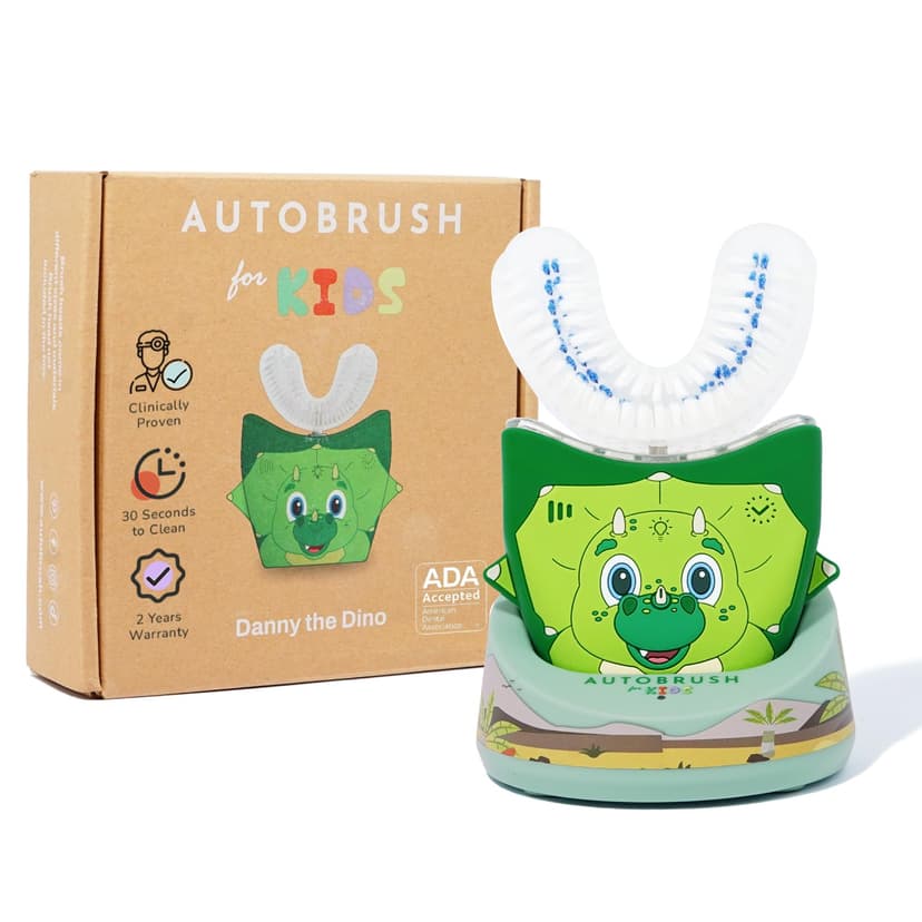 autobrush Kids Electric Toothbrush – Only ADA Accepted U-Shaped Toothbrush, Clinically Proven Up to 5.1X Better Cleaning, 30 Seconds, Full-Mouth 360 Coverage, LED Lights, Music, Ages 3-5, Dinosaur