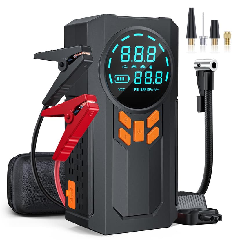 Jump Starter with Air Compressor, 5000A 160PSI Battery Jumper Starter Portable (9.0 Gas/8.0L Diesel), 12V Jump Box Car Battery Jump Starter with Smart Jumper Cables, LED Light, LCD Display