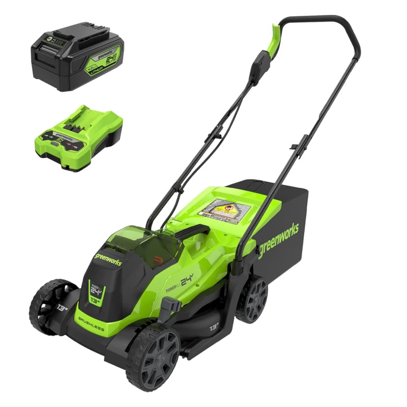 Greenworks 24V 13“ Brushless Cordless Lawn Mower with 4.0Ah Battery & Charger,Maintenance-Free Push Mower with 2-in-1 Mulch/Bag,