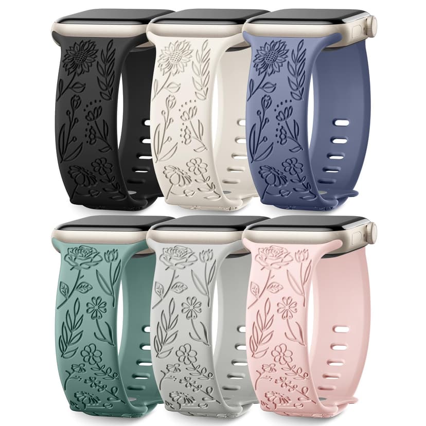 6 Pack Floral Engraved Bands Compatible with Apple Watch Band 40mm 44mm 38mm 41mm 45mm 49mm 42mm Women, Soft Silicone Cute Flower Sport Strap for iWatch Bands Series 9 8 7 6 5 4 3 2 1 SE Ultra Ultra 2