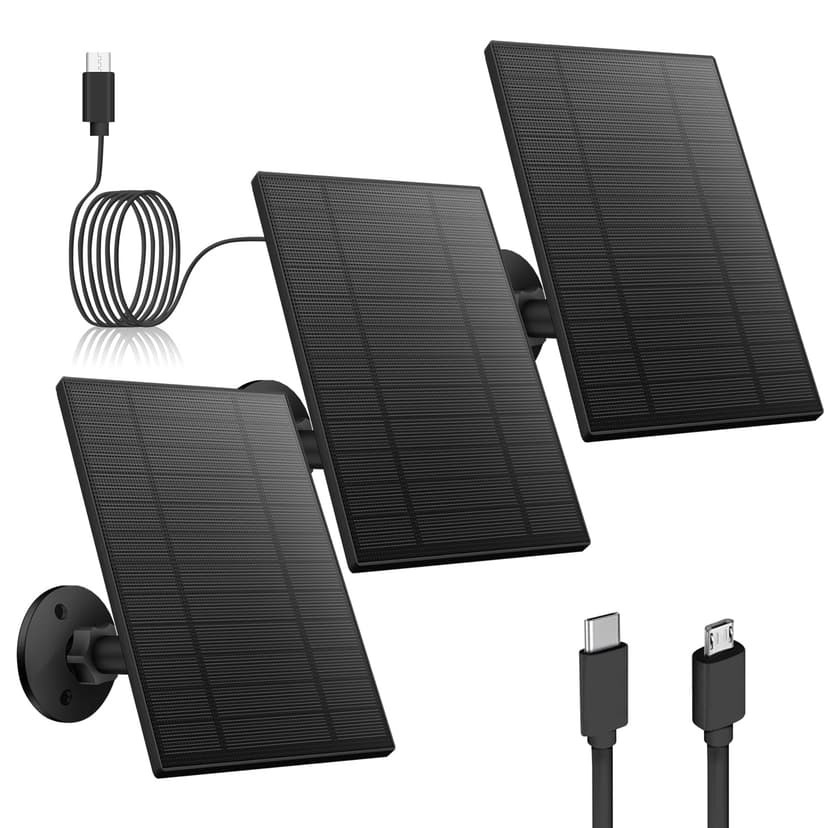 3PC 5W Solar Panel for Security Camera, Solar Panel with Micro USB & USB-C Port for DC 5V Outdoor Rechargeable Battery Camera, IP65 Waterproof, 360° Adjustable Security Mount, 9.8ft Cable(Black)