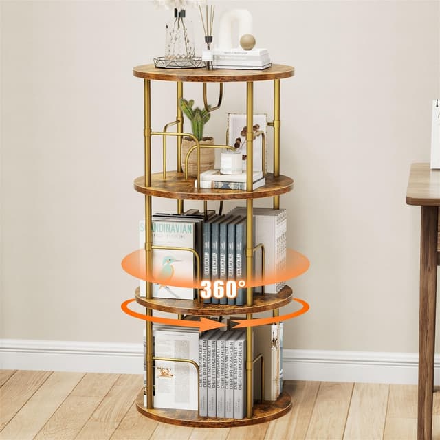 Rotating Bookshelf, 3 Tier Round Revolving Bookcase with Special Visible Partition Storage, 360° Display Spinning Bookshelf Tower Storage Organizer Rack for Bedroom, Living Room, Small Space, Gold