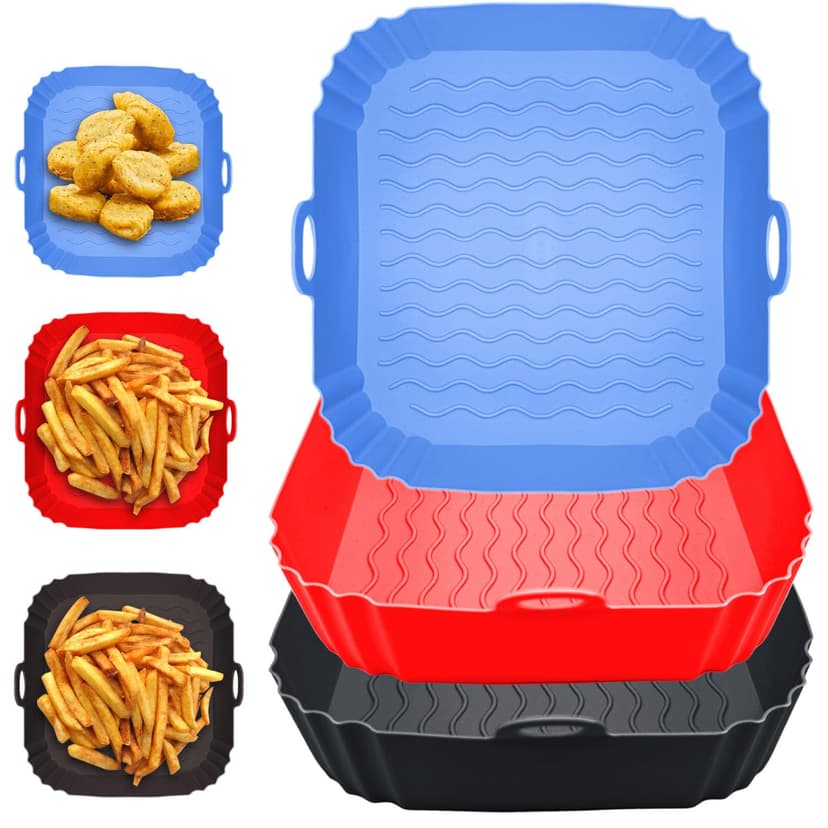 3 Pack Square Air Fryer Liners,7 Inch Silicone Airfryer Liners, Air Fryer Liners for 3 to 6 QT Oven Microwave Accessories,Reusable Baking Tray Oven Accessories(Black&Red&Blue)