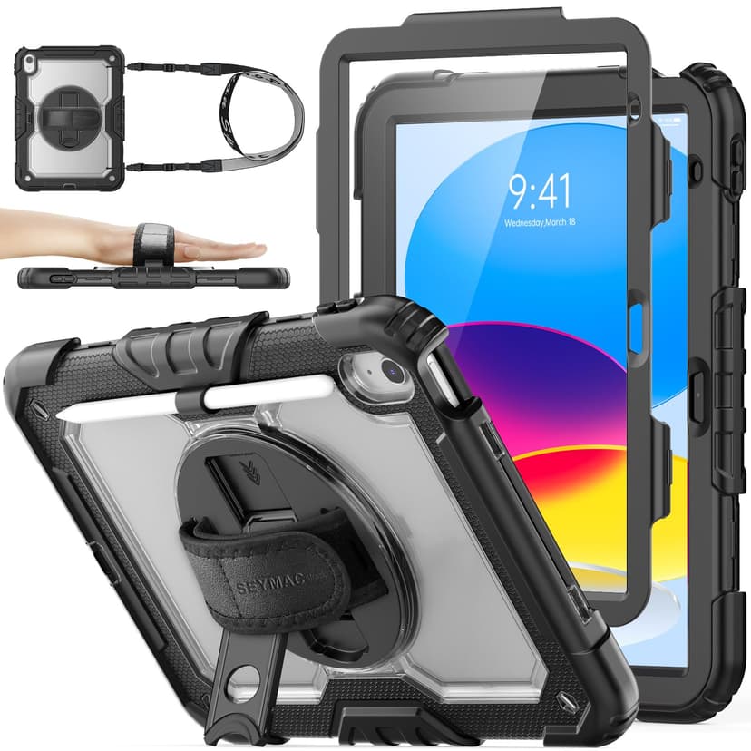 SEYMAC stock Case for iPad (A16) 11th/10th Generation 11''/10.9'' 2025/2022, Full-Body Drop Protection Case with Screen Protector &360° Rotate Hand Strap/Stand, Transparent+Black