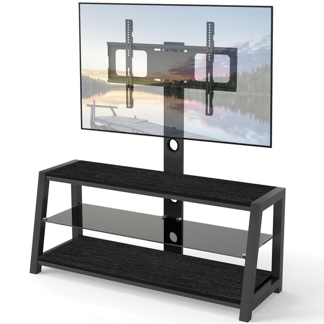 TV Stand with Mount for 32-65 inch TVs, Wood TV Stand with Storage for Bedroom Living Room, Small Entertainment Center with Power Outlet, 3 Shelves, Adjustable Height (Black)