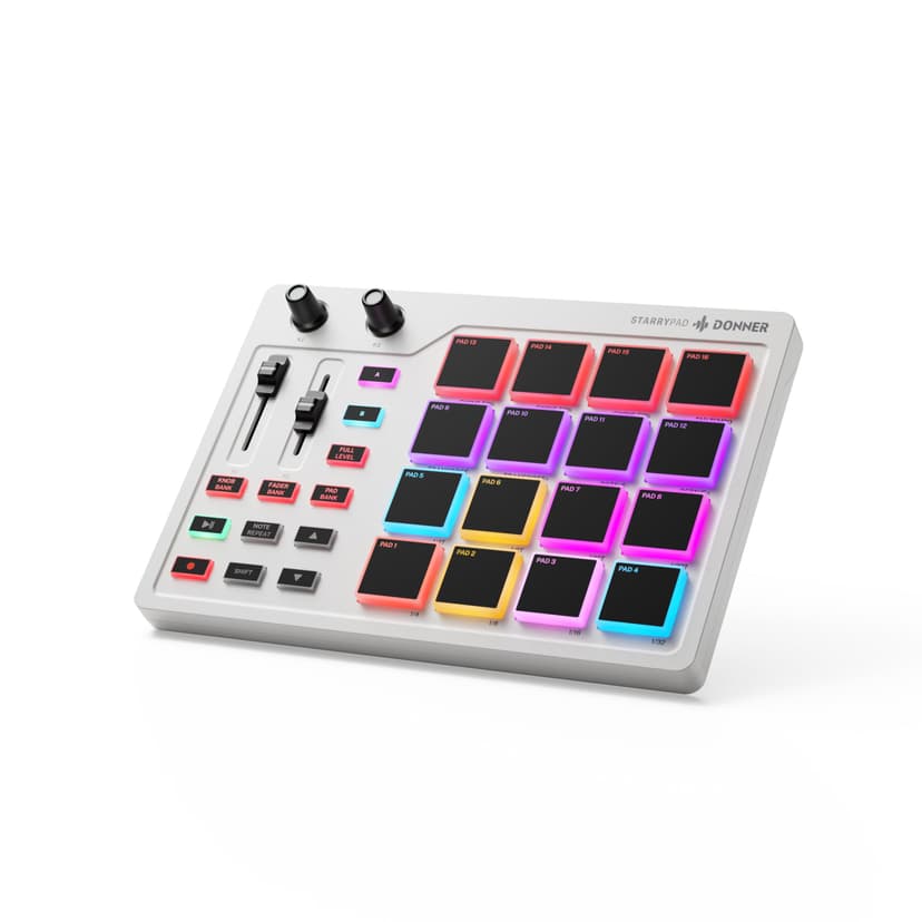 Donner MIDI Pad Beat Maker Machine Professional, Drum Machine with 16 Beat Pads, 2 Assignable Fader & Knobs and Music Production Software, USB MIDI Controller with 40 Courses, STARRYPAD White