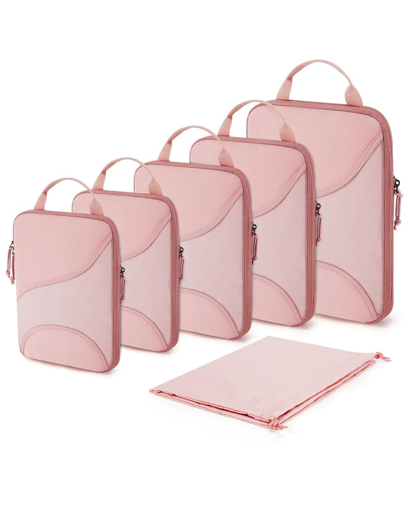 BAGSMART Compression Packing Cubes - 6 Set Travel Packing Cubes for Suitcases, Compression Suitcase Organizers with Shoe Bag Baby Pink