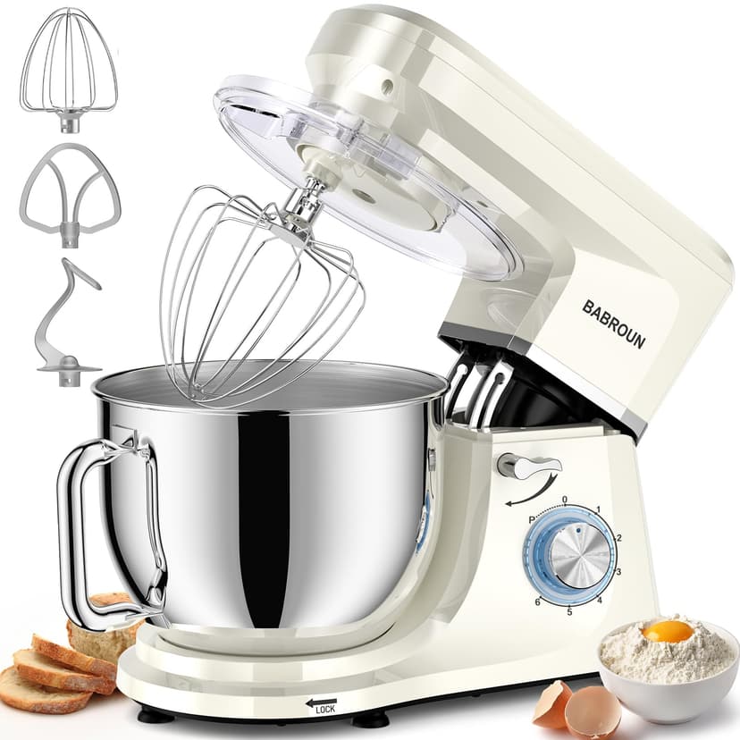 Babroun Dough Mixer 8.45 QT Electric Mixer - 660W 6 Speed Large Capacity Kitchen Stand Mixer with Whisk Dough Hook Mixing Beater Household Food Mixer for Baking Cakes Cookie Bread Salad(White)