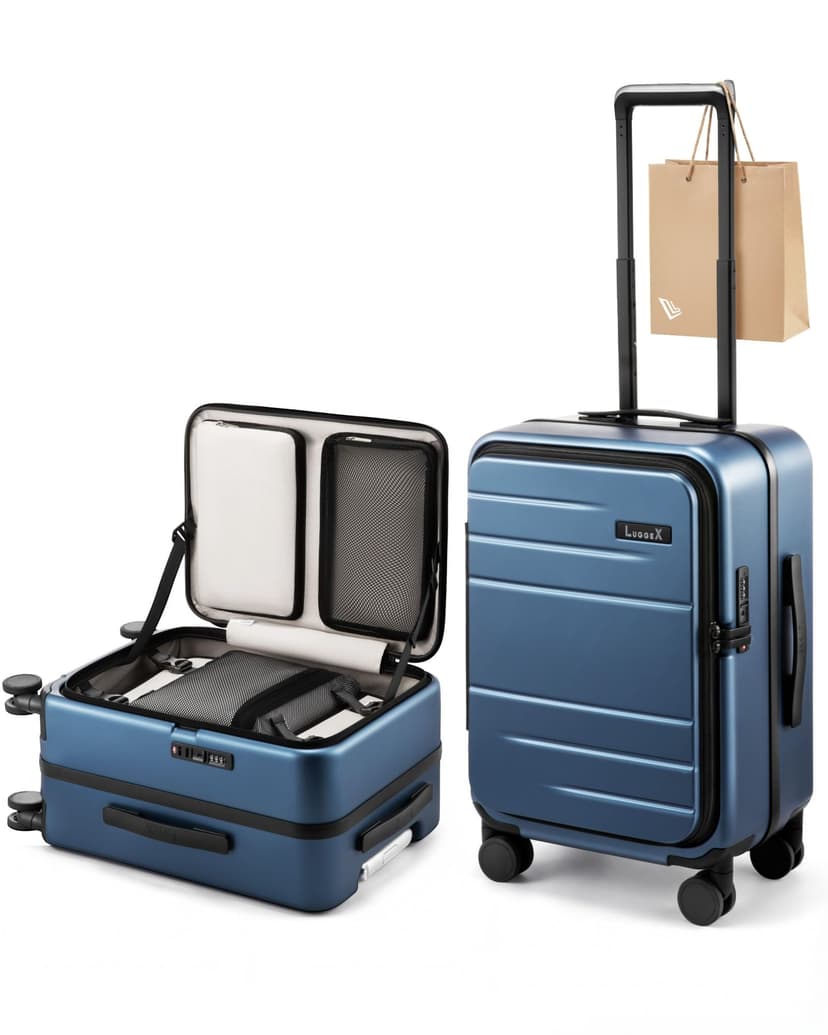 LUGGEX Carry On Luggage Top Opening, FLA Aluminum Frame Trunk Style luggage, Polycarbonate Hard Shell Suitcase (FX, Blue, 20 Inch, 38L)