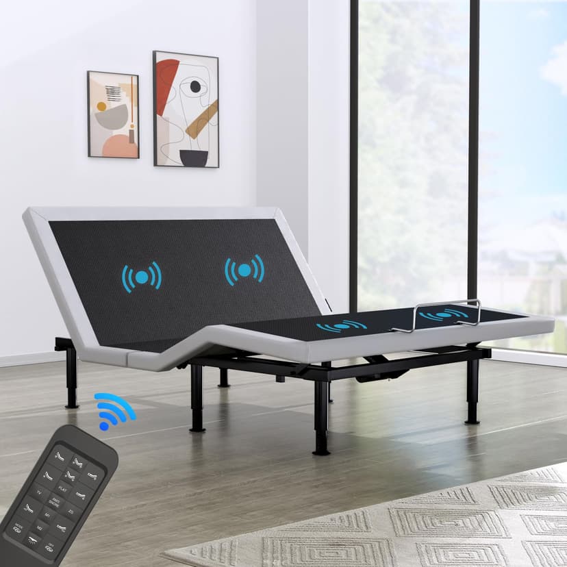 Yiree Queen Adjustable Bed Base Frame, Massage & Wireless Remote, Dual USB Ports,Ergonomic Upholstered Bed Frame, Lift Motor, Under Bed Lighting, Independent Head and Foot Tilt