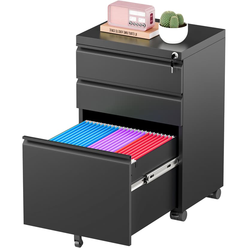 Greenvelly 3 Drawer Mobile File Cabinet with Lock, Fully Assembled Rolling File Cabinet Except Casters, Under Desk File Cabinet with Wheels for Home Office Fit Legal/Letter/A4 File (Assembled, Black)