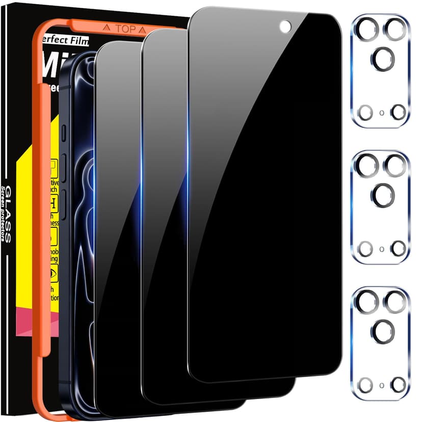 Milomdoi 3 Pack Privacy Screen Protector for iPhone 17 Pro Max [Phone Case Friendly] Accessories Private Film, 3 Pacs Tempered Glass Camera Lens Protector, with Mounting Frame for Apple Anti Spy,Black