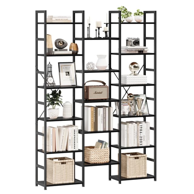 NUMENN Triple Column 6 Tier Bookshelf, Bookcase with 17 Open Display Shelves, Adjustable Rustic Industrial Style Book Shelves, Modern Bookshelves for Bedroom, Living Room and Home Office, Black