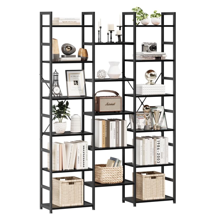 NUMENN Triple Column 6 Tier Bookshelf, Bookcase with 17 Open Display Shelves, Adjustable Rustic Industrial Style Book Shelves, Modern Bookshelves for Bedroom, Living Room and Home Office, Black