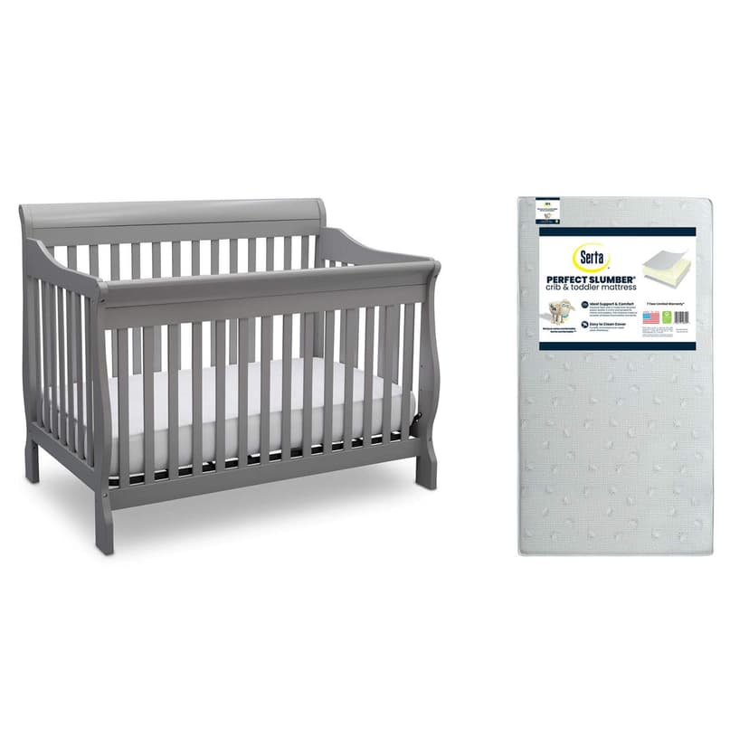 Delta Children Canton 4-in-1 Convertible Crib, Grey + Serta Perfect Slumber Dual Sided Recycled Fiber Core Crib and Toddler Mattress (Bundle)