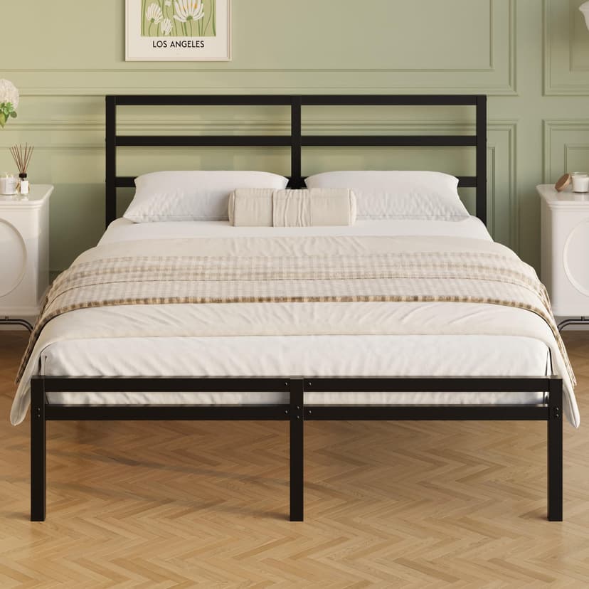 Lutown-Teen 12 Inch Queen Bed Frame with Headboard and Footboard, Classic Metal Platform Bed Frame Queen Size, Under Bed Storage, No Box Spring Needed, Easy Assembly, Noise Free, Black