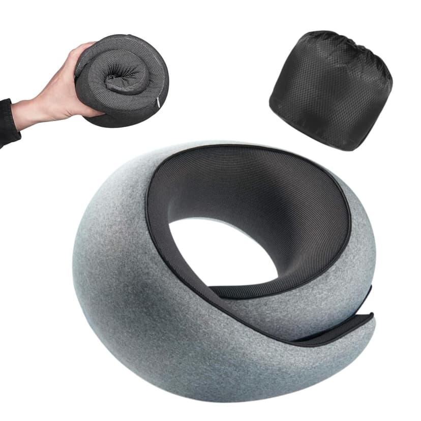 Optixion Travel Pillow, 100% Pure Memory Foam Neck Pillow for Airplanes, Comfortable Breathable Cover, Travel Essentials for Plane, Car, Train and Home, Gray